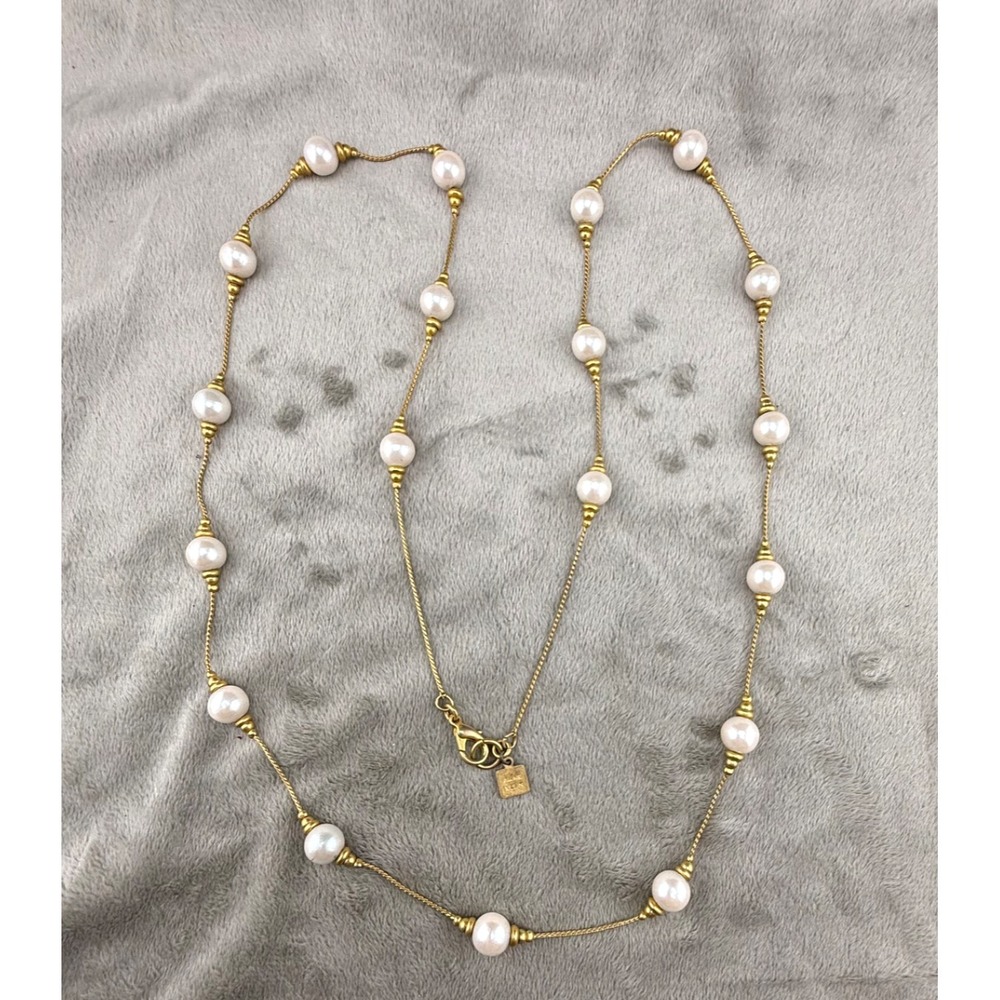 Modern Anne Klein Necklace Faux Pearl Long Beaded Gold Tone Signed Flapper 32" - Picture 2 of 8